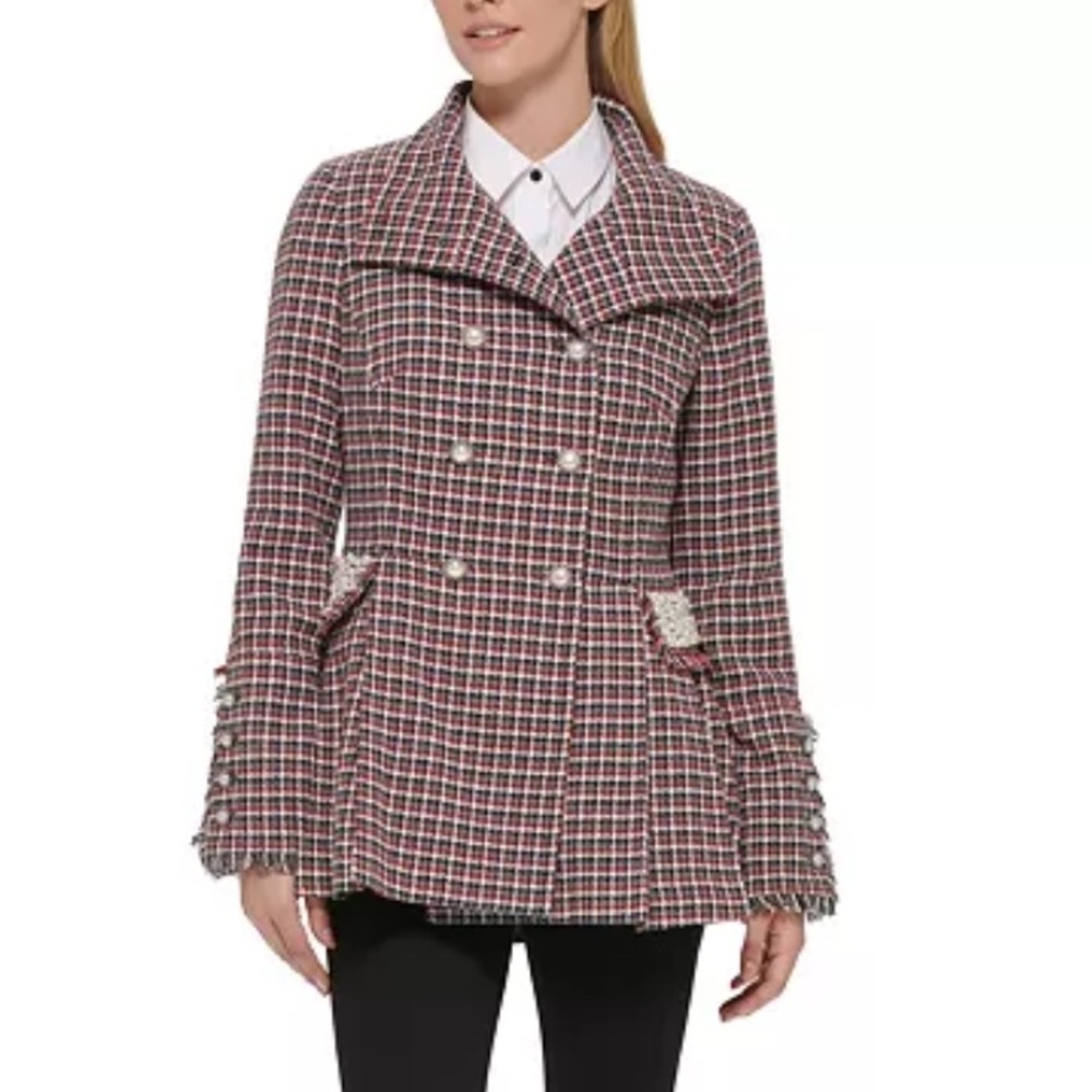 KARL LAGERFELD Red Black Tweed Double-Breasted Coat Pearls Fringe Paris L Party